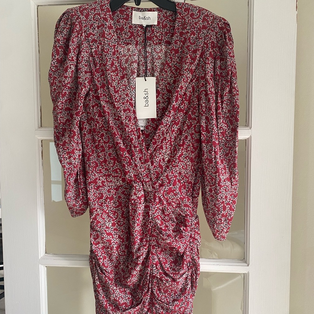 Ba&Sh Red Shoulder Padded Patterned Dress